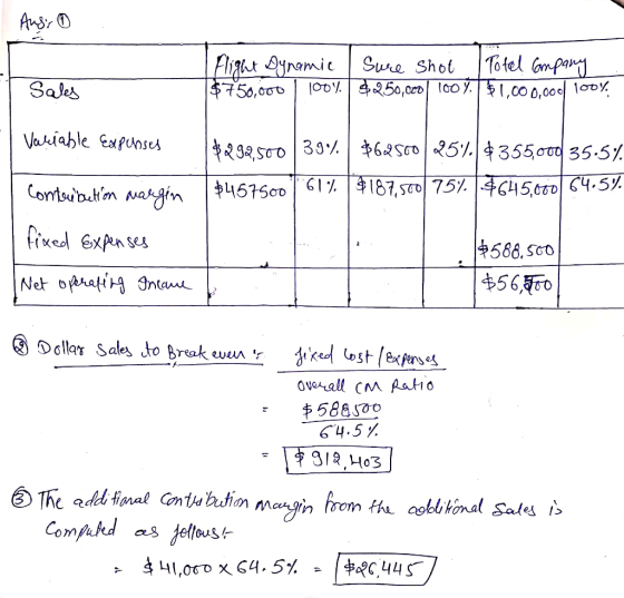 Aus. O Flight Dynamic | Sure shot Total Company $750,000 | 1001 $250,000 100%. $1,000,000 100% Sales Variable expenses $292,5