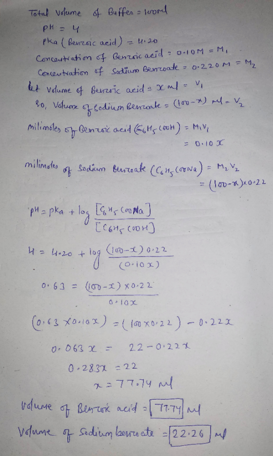 Total volume of Buffer loord PH - 4 pka (Benzoic acid) = 4.20 Concentration of benzoic acid 0-10M = M, Concentration of Sodiu