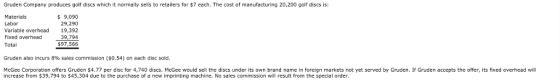 Gruden Company produces golf discs which it normally sells to retailers for $7 each. The cost of manufacturing 20,200 golf discs is 9,090 29,290 Materials Labor Variable overhead 19,392 Fixed overhead 39,794 Total $97,566 Gruden also incurs 8% sales commission (sO.54) on each disc sold. McGee Corporation offers Gruden $4.77 per disc for 4,740 discs. McGee would sell the discs under its own brand name in foreign markets not yet served by Gruden. If Gruden accepts the offer, its fixed overhead will increase from $39,794 to $45,304 due to the purchase of a new imprinting machine. No sales commission will result from the special order