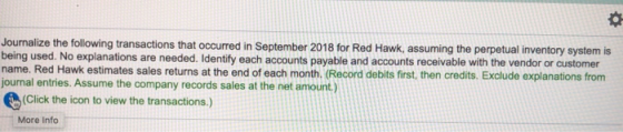 Journalize the following transactions that occurred in September 2018 for Red Hawk, assuming the perpetual inventory system i