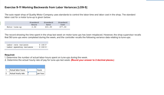 Exercise 9-11 Working Backwards from Labor Variances [LO9-5] The auto repair shop of Quality Motor Company uses standards to