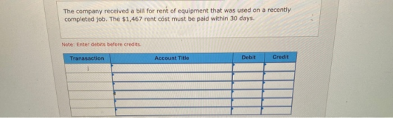 The company received a bill for rent of equipment that was used on a recently completed job. The $1,467 rent cost must be pai