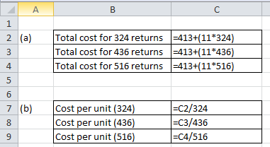 1 2 (a) Total cost for 324 returns -413+(11*324) Total cost for 436 returns -413+(11*436) Total cost for 516 returns -413+(11