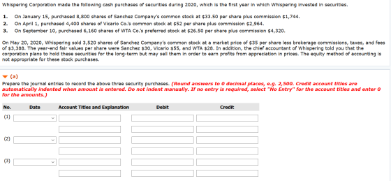 Whispering Corporation made the following cash purchases of securities during 2020, which is the first year in which Whisperi