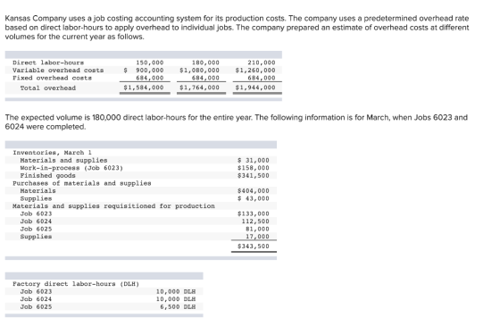Kansas Company uses a job costing accounting system for its production costs. The company uses a predetermined overhead rate