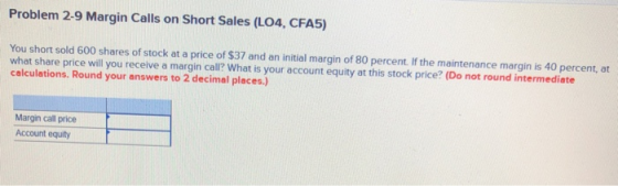 Problem 2-9 Margin Calls on Short Sales (LO4, CFA5) You short sold 600 shares of stock at a price of $37 and an initial margin of 80 percent. If the maintenance margin is 40 percent, at what share price will you receive a margin call? What is your account equity at this stock price? (Do not round intermediate calculations. Round your answers to 2 decimal places.) Margin call price Account equity