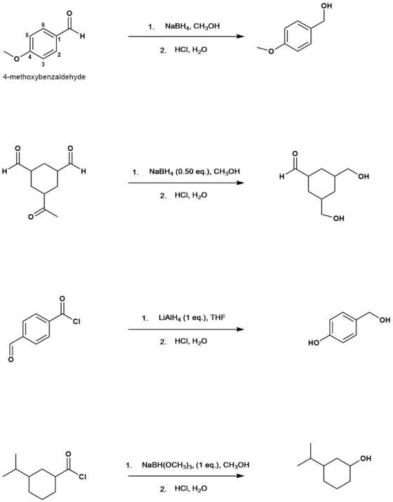 1. NaBH4, CH3OH 2. HCI, H2O 4-methoxybenzaldehyde 1. NaBHA (0.50 eq.), CHOH 2 HCI, HO . لا د - من لم 1. LIAIH4 (1 eq.), THE 2