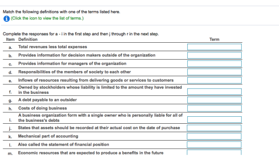 Match the following definitions with one of the terms listed here. (Click the icon to view the list of terms.) Complete the responses for a -i in the first step and then j through r in the next step. Item Definition Term a. b. c. d. e. Total revenues less total expenses Provides information for decision makers outside of the organization Provides information for managers of the organization Responsibilities of the members of society to each other Inflows of resources resulting from delivering goods or services to customers Owned by stockholders whose liability is limited to the amount they have invested f. in the business g. A debt payable to an outsider h. Costs of doing business A business organization form with a single owner who is personally liable for all of i the businesss debts j. States that assets should be recorded at their actual cost on the date of purchase k. Mechanical part of accounting I. Also called the statement of financial position m. Economic resources that are expected to produce a benefits in the future