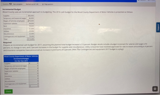 13 Not complete Maried out of 100 Flag question Incremental Budget Wood County uses an incremental approach to budgeting. The
