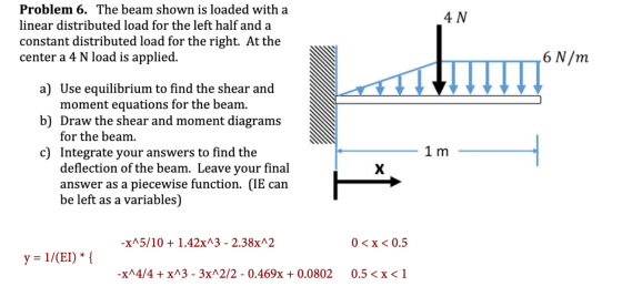 4N Problem 6. The beam shown is loaded with a linear distributed load for the left half and a constant distributed load for t