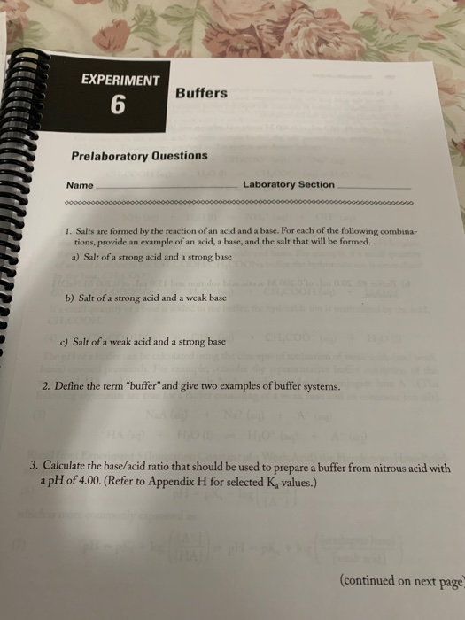EXPERIMENT Buffers Prelaboratory Questions Name Laboratory Section 0000000000000000000000000000000000000000000000000000000000
