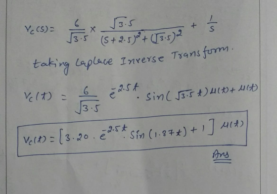 ㅗ S Y(S) = Х 3.5 (5+2.5jet (3.5)2 taking caplane Inverse Transform. Velt) = è 2.5t sin (√3.5 t) 41t+ Ult √3.5 Veld) = [3.20.8