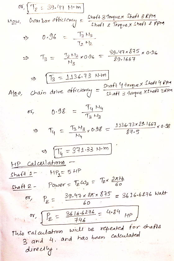 or, Te - 39,417 M-m Now Cear bor efficiency Shaft 3 Torquex Shaft 3 RPM o Shaft & Porque y Shaft & Roma » 0.96 = To Hiz 12 41