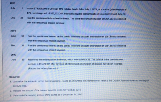 Issued 74,000,000 of 20-year, 11% callable bonds dated July 1, 20Y1, at a market (effective) rate of 13%, receiving cash of $