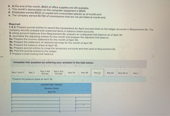 b. At the end of the month, $600 of office supplies are still available. c. This months depreciation on the computer equipme