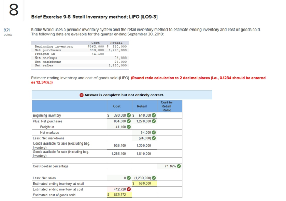 Brief Exercise 9-8 Retail inventory method; LIFO [LO9-3] 0.71 points Kiddie World uses a periodic inventory system and the re