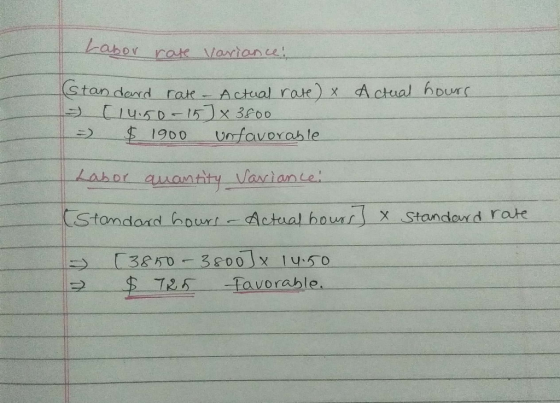 Labor rare variance! Actual hours standaard rate - Actual rate) x [14.50-15] x 3800 = $ 1900 unfavorable Labor quantity Varia