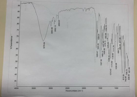 % Transmittance 4000 3500 3278.64 3000 3053.06 2952.13 2 2835.57 2500 Wavenumbers (cm-1) 2000 hamid 1629.41 1600.80 1584.97 1