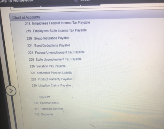 Chp 10 HUN WIR Chart of Accounts 218 Employees Federal Income Tax Payable 219 Employees State Income Tax Payable 220 Group In