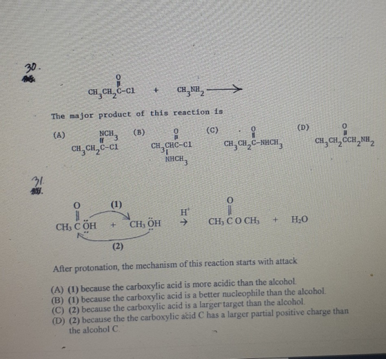 CH, CH, C-Cl + CHÁNH, The major product of this reaction is (C) (D) (A) (B) 1 NCH; CH CHUC-Cl 0 CH, CH,C-NHCH, ch,ch,ccu,NE,
