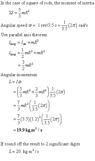 In the case of square of rods, the moment of inertia I = MR Angular speed: a = 1 rev/3.5 s= 35 (27) rads Use parallel axis t