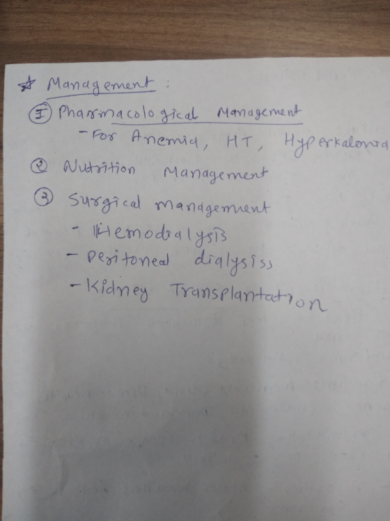 F Management : ③ Pharmacological Management -For Anemia, HT, Hyperkalonia @ Nutrition Management ② surgical management - hemo