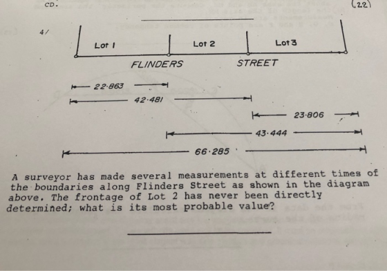 Lot 1 Lot 2 Lot 3 STREET FLINDERS 22.863 - 42.481 K 23-806 - - 43.444 - - 66.285 - A surveyor has made several measurements a