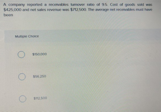 A company reported a receivables turnover ratio of 9.5. Cost of goods sold was $425,000 and net sales revenue was $712,500. T