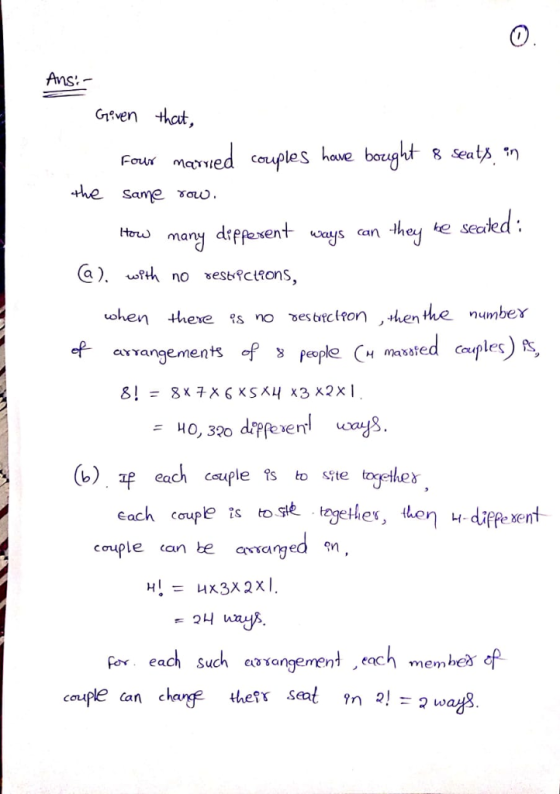 0 Gifven hat McびYied couples have the same Toro . Hru many drffaxent ays can hey e seede when heve number crangement3 Couples each couple ?s to ste togethe γ cach coupe s to Sen couple an be ararged n for each such cavangement each memhes of couple can chage thesr seat sn2!w