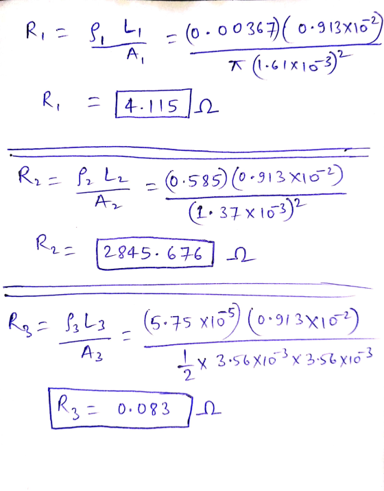 Ri= sili (0.00367)(0.913416) *(1.61X163)2 Ri - 4.115]e 4.115 Ro - Po ke = (0.585)(0-913x102) (2:37x103)? Az - R2= (2845.676]