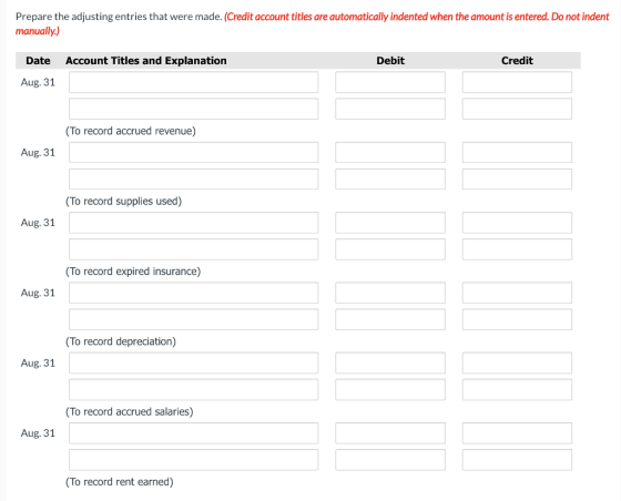 Prepare the adjusting entries that were made. (Credit account titles are automatically indented when the amount is entered. D