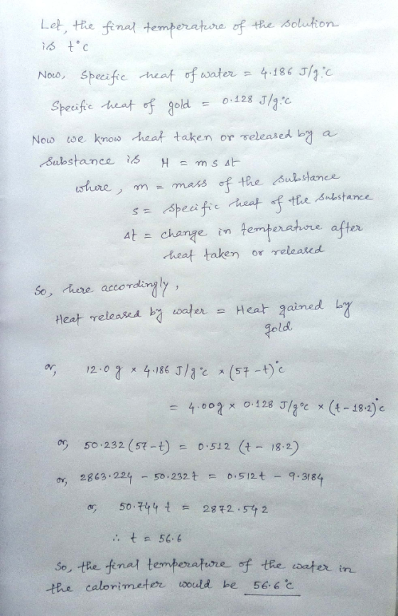 Let, the fenal temberatere of the solution 4.186 J/ Nouo, Specific heat of water 0.128 J/c Specifee teat of gold Nouw toe kmo