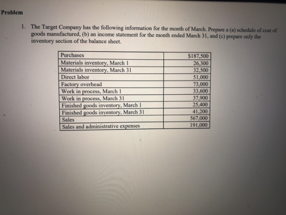 Problem 1. The Target Company has the following information for the month of March. Prepare a (a) schedule of cost of goods m