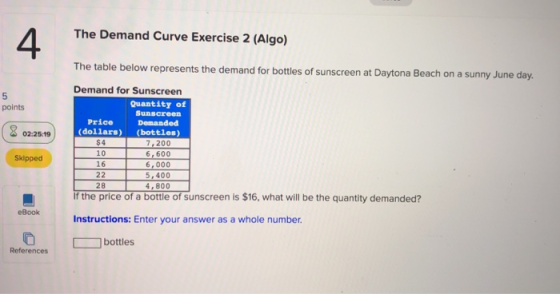 4 The Demand Curve Exercise 2 (Algo represents the demand for bottles of sunscreen at Daytona Beach on a sunny June day Demand for Sunscreen 5 points Quantity of Sunscreen Price Domanded (dollars) (bottles) 02:25:19 $4 10 16 7,200 6, 600 6,000 5,400 4,800 Skipped 28 If the price of a bottle of sunscreen is $16, what will be the quantity demanded? eBook Instructions: Enter your answer as a whole number. bottles References