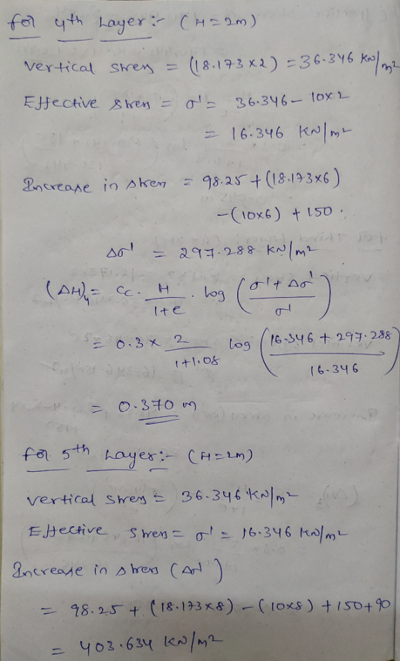 for yth Layer (H=2m). vertical stress = (18.173x2) = 36.346 kr/m2 Effective stress - als 36.346- 10x2 = 16.346 KN/m Increase