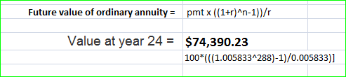 Future value of ordinary annuitypmt x ((1+r)An-1))/r Value at year 24$74,390.23 100*(((1.0058334288)-1)/0.005833)]