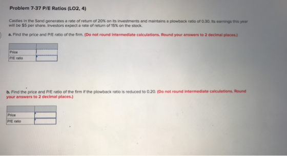 Problem 7-37 P/E Ratios (LO2, 4) Castles in the Sand generates a rate of return of 20% on its investments and maintains a plo
