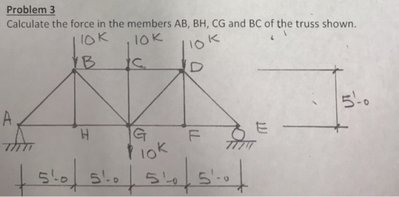 Problem 3 Calculate the force in the members AB, BH, CG and BC of the truss shown. IK IO