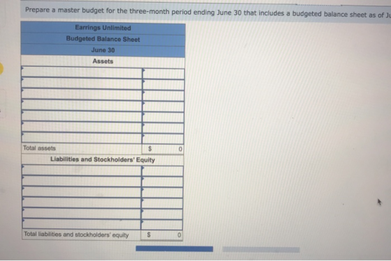 Prepare a master budget for the three-month period ending June 30 that includes a budgeted balance sheet as of Earrings Unlim