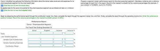 Prepare a segment margin performance report for the pharmaceutical segment. Calculate a variance and a variance percentage fo