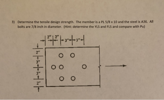 3) Determine the tensile design strength. The member is a PL 5/8 x 10 and the steel is A36. All bolts are 7/8 inch in diamete