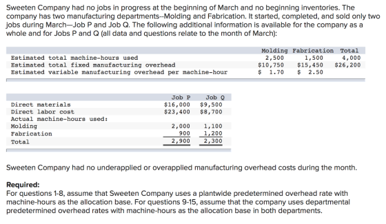 Sweeten Company had no jobs in progress at the beginning of March and no beginning inventories. The company has two manufacturing departments-Molding and Fabrication. It started, completed, and sold only two jobs during March-Job P and Job Q. The following additional information is available for the company as a whole and for Jobs P and Q (all data and questions relate to the month of March) Estimated total machine-hours used Estimated total fixed manufacturing overhead Estimated variable manufacturing overhead per machine-hour Molding Fabrication Total 4,000 $10,750 $15,450 $26,200 2,500 1,500 $ 1.70 2.50 Job P Job Q Direct materials Direct labor cost Actual machine-hours used: Molding Fabrication Total $16,000 $9,500 $23,400 $8,700 2,000 900 2,900 1,100 1,200 2,300 Sweeten Company had no underapplied or overapplied manufacturing overhead costs during the month Required: For questions 1-8, assume that Sweeten Company uses a plantwide predetermined overhead rate with machine-hours as the allocation base. For questions 9-15, assume that the company uses departmental predetermined overhead rates with machine-hours as the allocation base in both departments