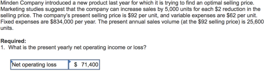 Minden Company introduced a new product last year for which it is trying to find an optimal selling price. Marketing studies