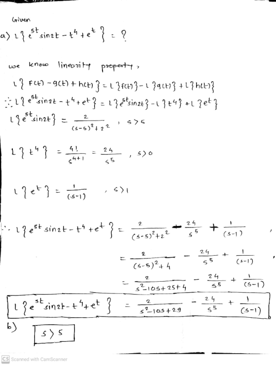 Given a) 13 et sinet - th tet} = ? knowo lineasily property ? Ft) – 9(+) + het)}=1]f(+73-1 {g(t)} +1 +1}hel-1} l?estsinet - t