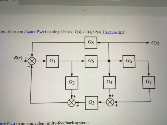 TICCll.. A ram shown in Figure P5.3 to a single block, T/s) = C(s)/R(s). [Section: 5.2] G8 C(s) R(S) + G6 G3 ure P5.4 to an e