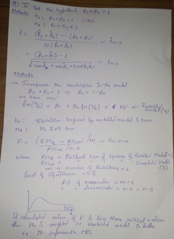 @ To to Methodl Ho: Bath Tact Test + the hypothers Bat B3 = 1 Ho: B2+ ß31 (CRS) HA : B₂ + B 3 7 1 (B2+ B₂) - (B2+ Ba) tn-3 7
