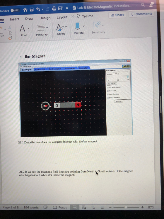 Lab 5 Electromagnetic Induction... OFF toSave Share Comments >> Tell me Insert Draw Layout Design me X A. Dictate Sensitivity