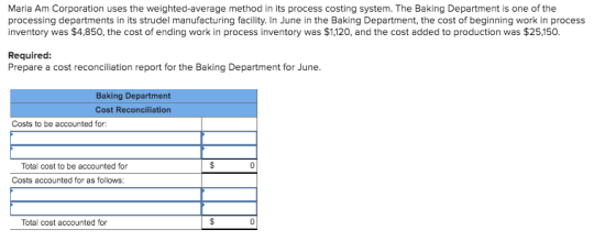 Maria Am Corporation uses the weighted average method in its process costing system. The Baking Department is one of the proc