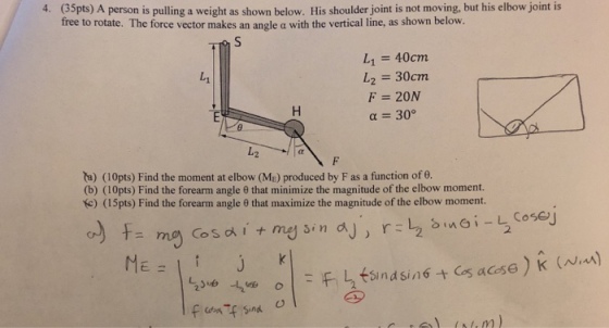 4. (35pts) A person is pulling a weight as shown below. His shoulder joint is not moving, but his elbow joint is free to rotate. The force vector makes an angle a with the vertical line, as shown below. L1 = 40cm L2 = 30cm F=20N α = 30° L1 し2 a) (10pts) Find the moment at elbow (ME) produced by F as a function of 9 (b) ( 10pts) Find the forearm angle θ that minimize the magnitude of the elbow moment. tc) (15pts) Find the forearm angle θ that maximize the magnitude of the elbow moment.