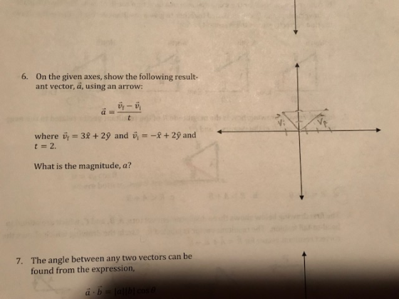 6. On the given axes, show the following result- ant vector, a, using an arrow: V: where v-33 + 2ý and v, t-2 + 2ý and What is the magnitude, a? The angle between any two vectors can be found from the expression, 7. (l
